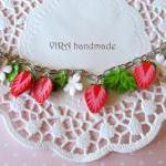 Cute Strawberry With Leafs And Flowers Charm..