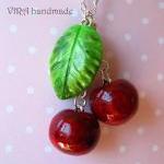 Cute Realistic Cherry With Leaf Necklace