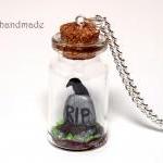 Rip Tombstone With Raven In A Glass Jar Necklace