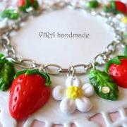 Cute strawberry with leafs and flowers charm bracelet