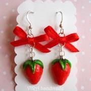 Kawaii cute realistic strawberry with bowknot earrings