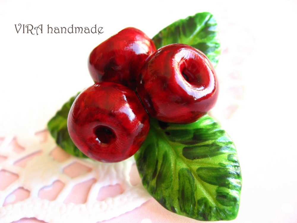 Cute Realistic Cherries With Leafs Brooch