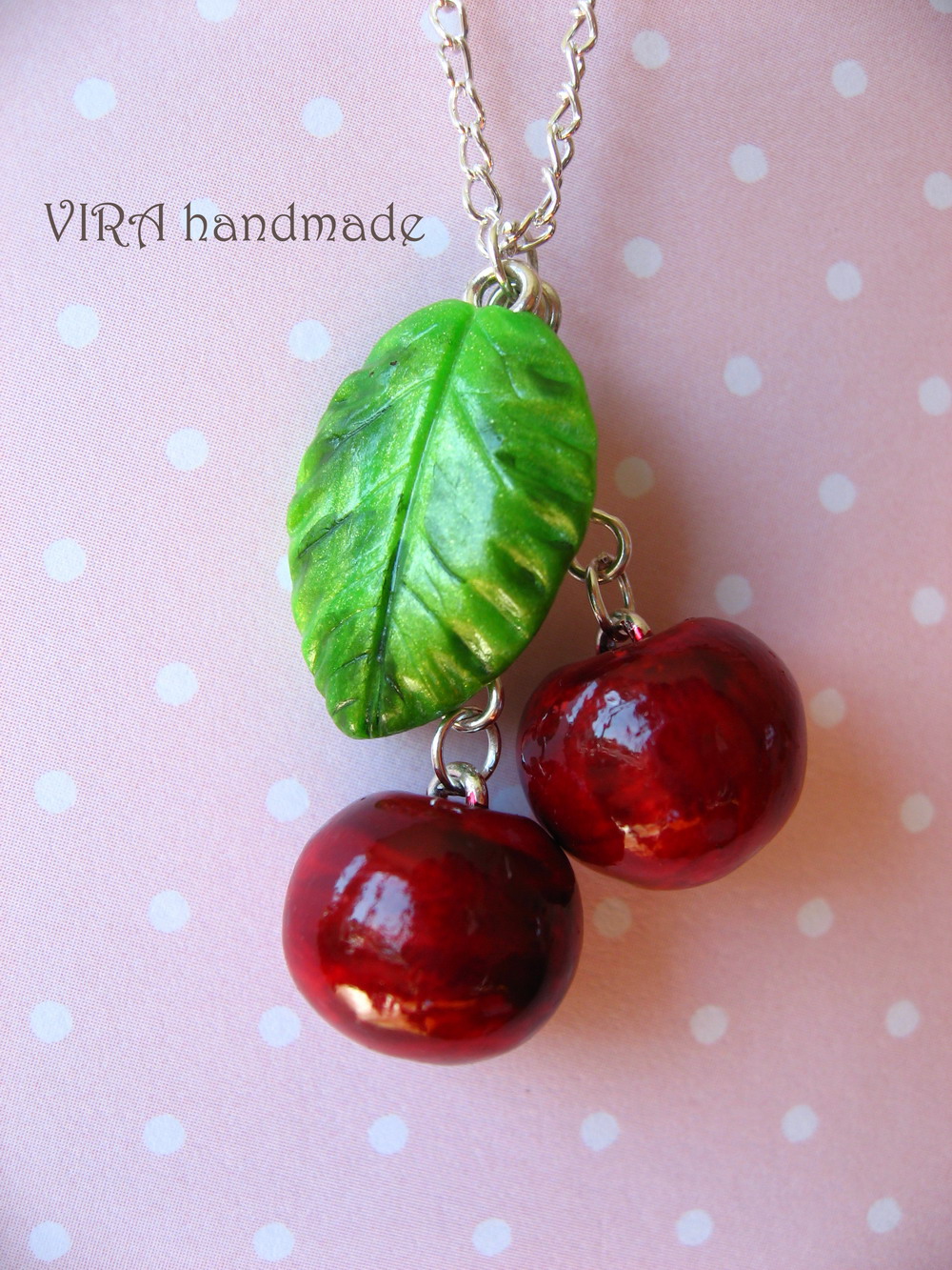 Cute Realistic Cherry With Leaf Necklace