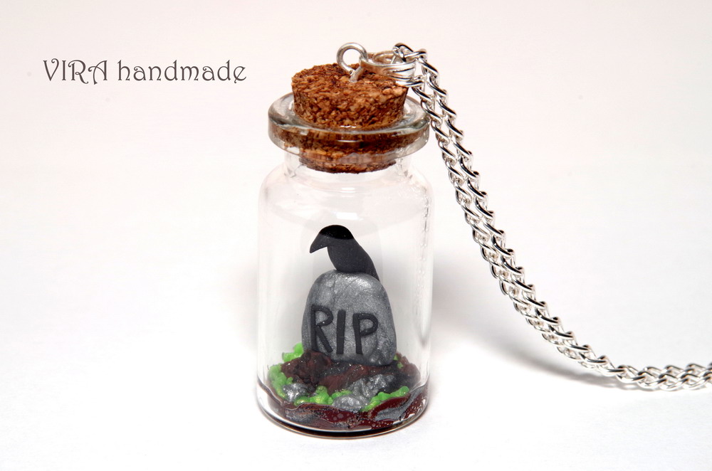 Rip Tombstone With Raven In A Glass Jar Necklace